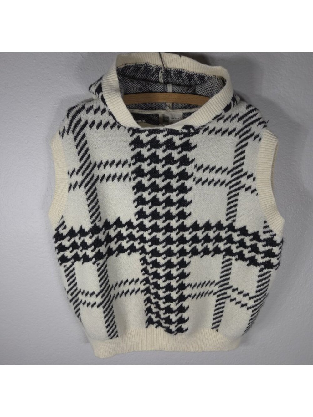 Look By M New York Ivory Knit Sweater Hoodie Vest One Size Houndstooth Womens